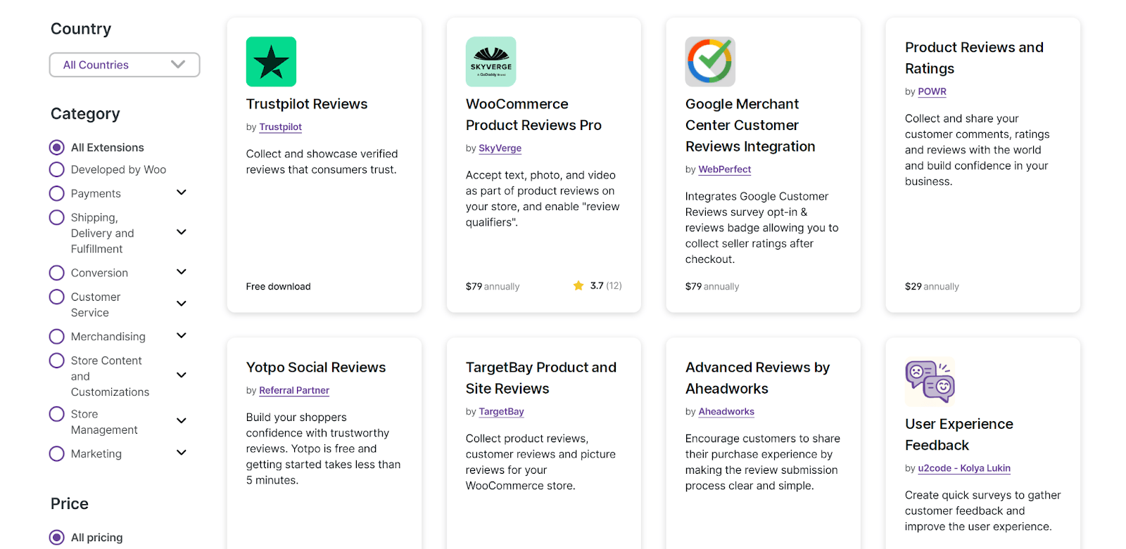grid of WooCommerce extensions