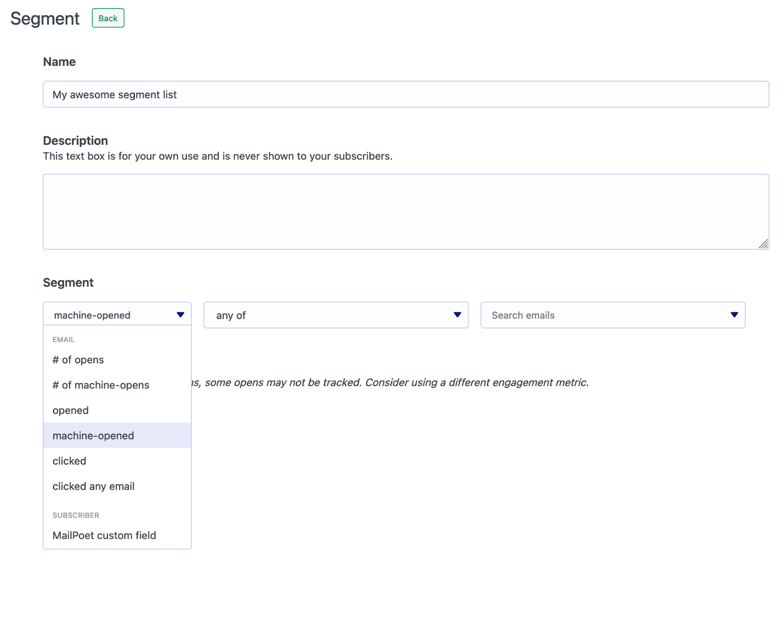 creating a segment in MailPoet