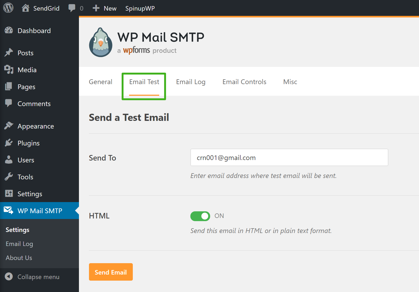 Screenshot of the settings in the WP Mail SMTP plugin