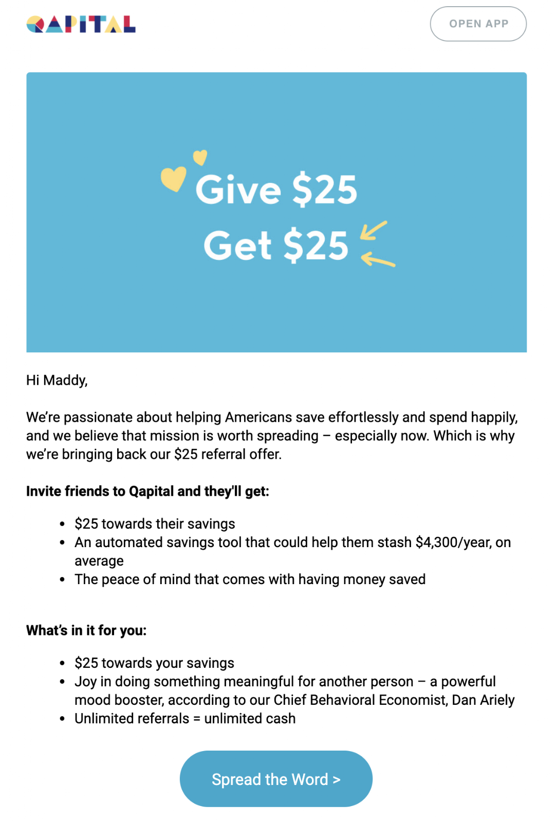 Customer referral email example from Qapital