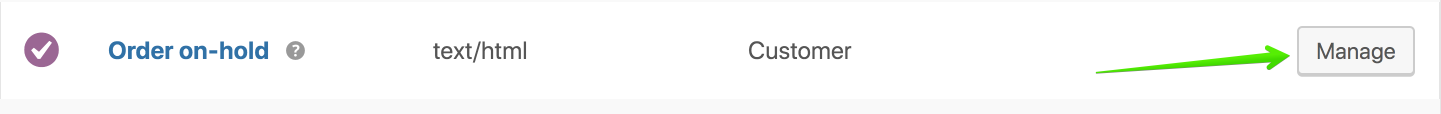 Screenshot highlighting Manage tab in WooCommerce