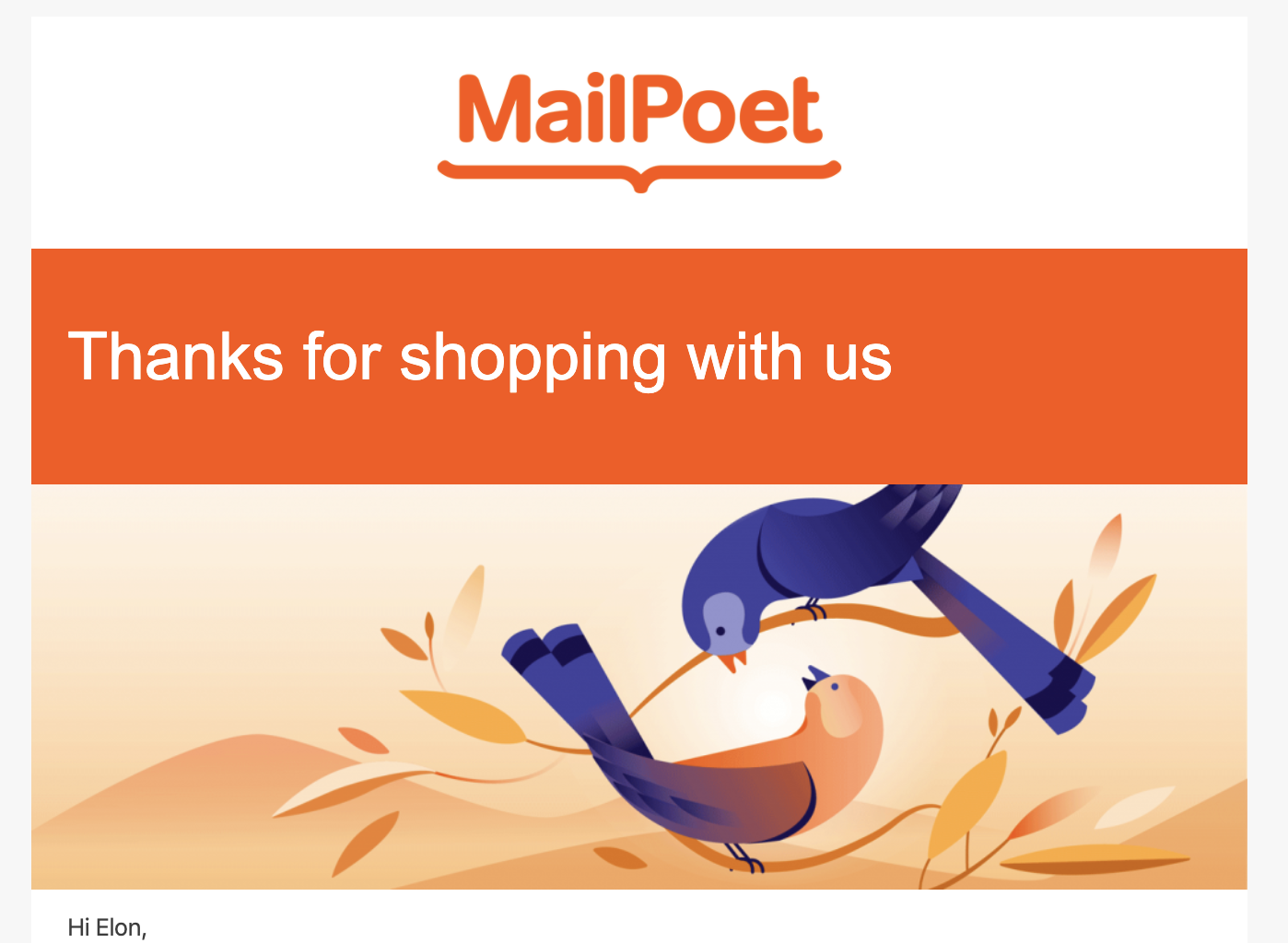 Screenshot of our email template with an illustration of a bird added