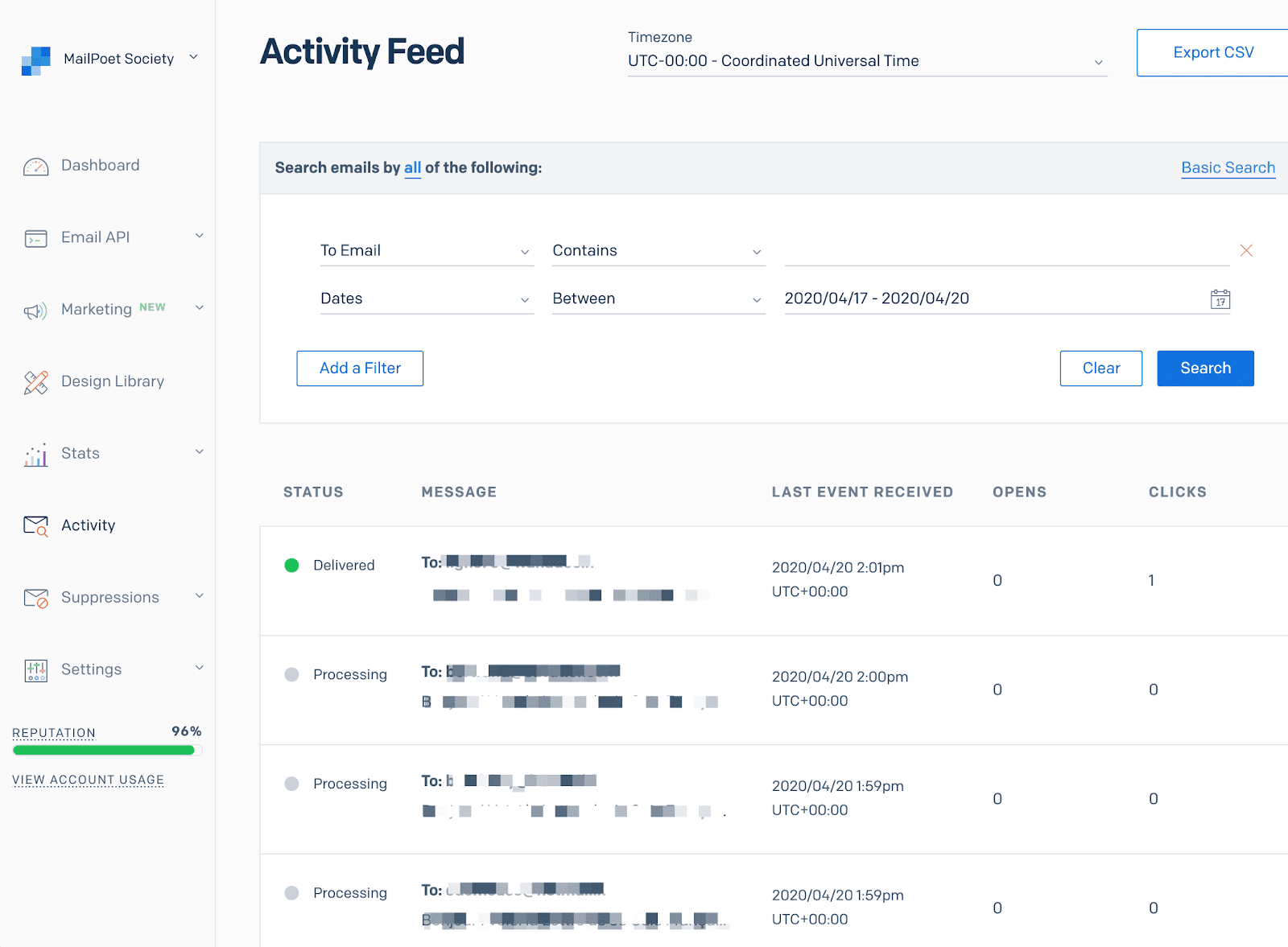 Screenshot of SendGrid's activity feed