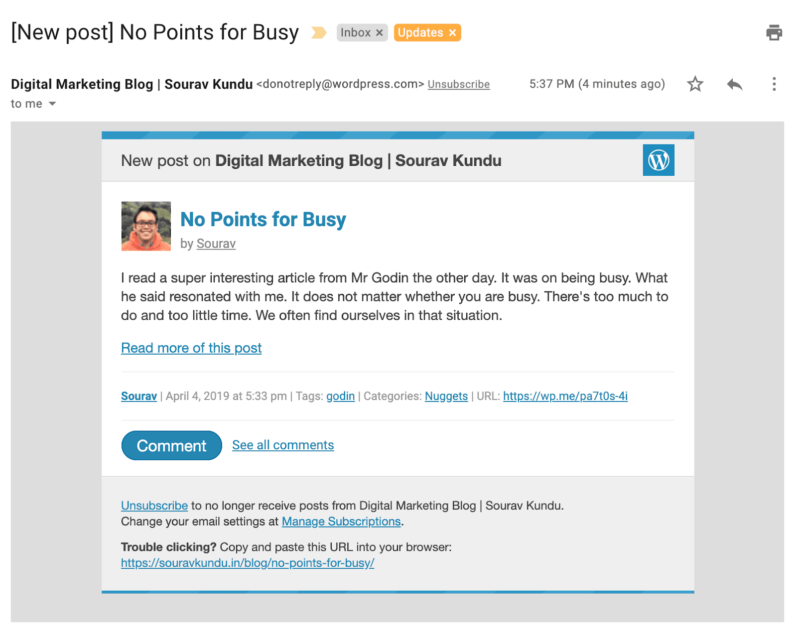 Example of a Jetpack blog post email notification.