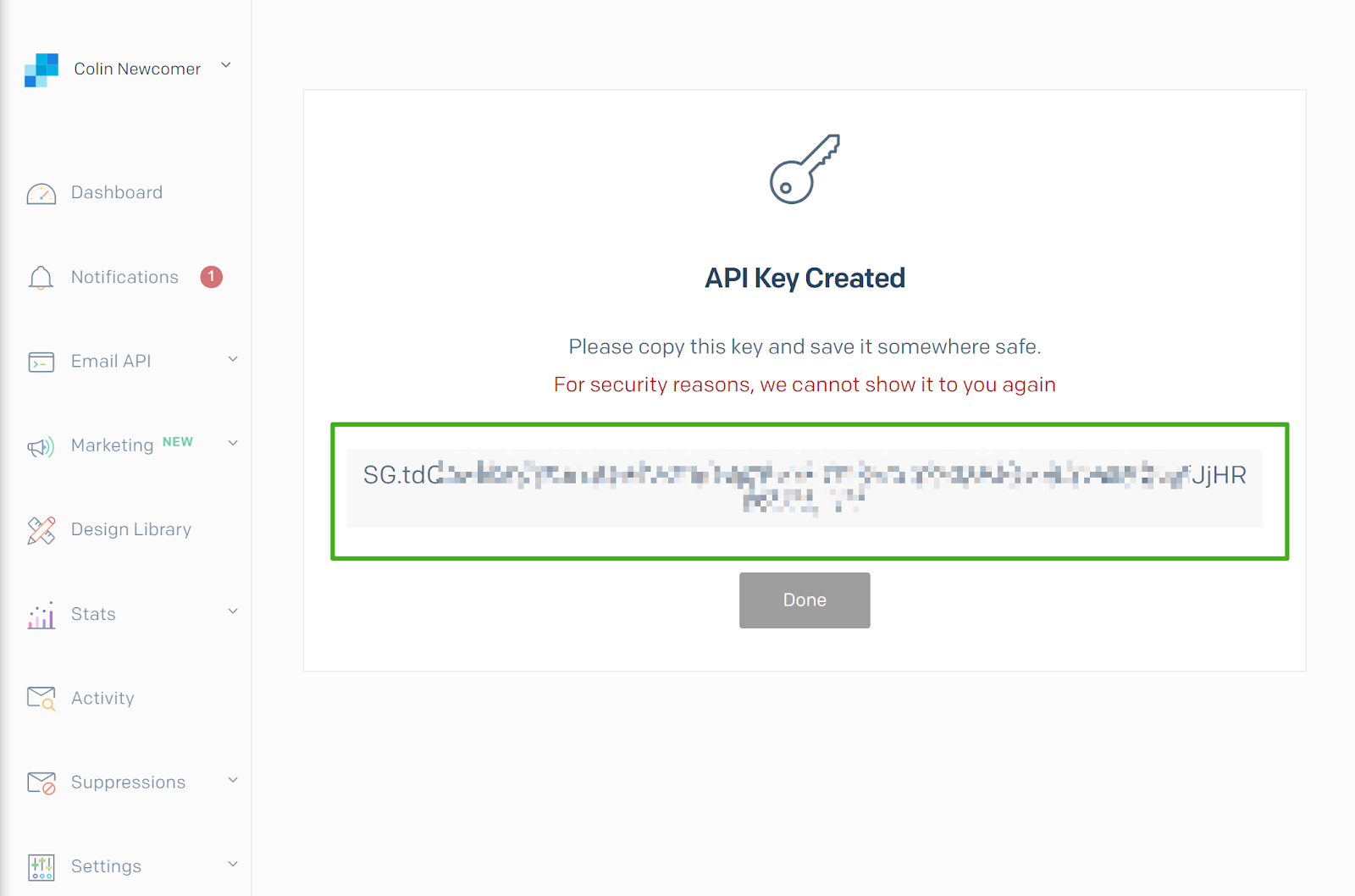 Screenshot of SendGrid's API Key Created page