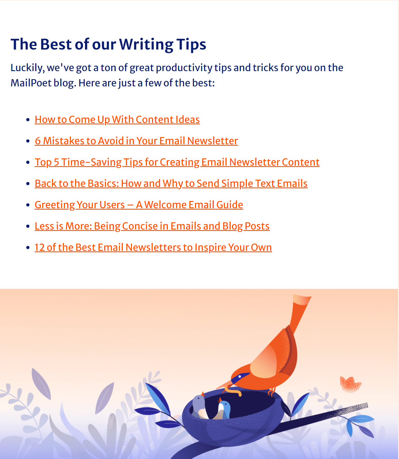 Example of links in an email course from MailPoet