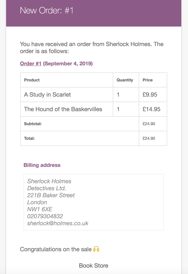 Standard WooCommerce order email template with no customization