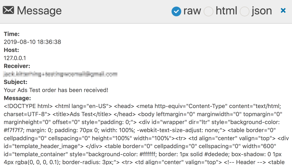 Screenshot of headers of a logged email from WP Mail logging.