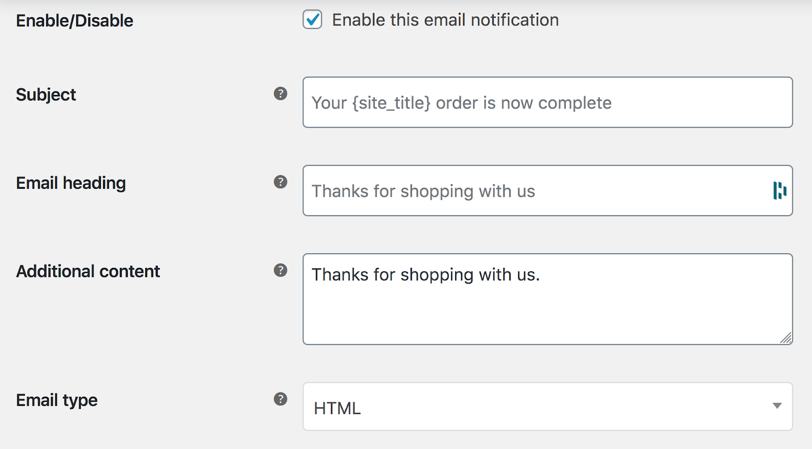 Screenshot of the 'Manage' area within WooCommerce's email notification settings
