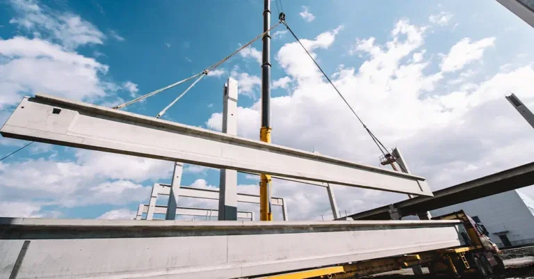 Concrete beams being lifted by crane from a delivery lorry at a construction site