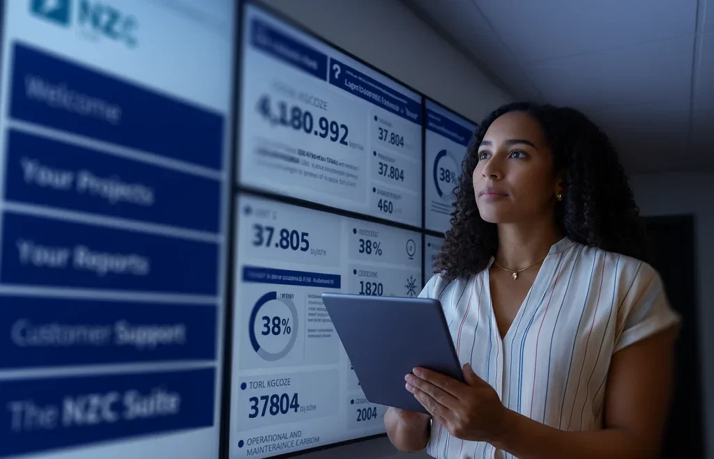 Portfolio Carbon Management. Woman holding a tablet while studying NZC LIVE’s real-time carbon monitoring dashboards displayed across large wall-mounted screens, showing building performance indicators, emissions data, and portfolio metrics.