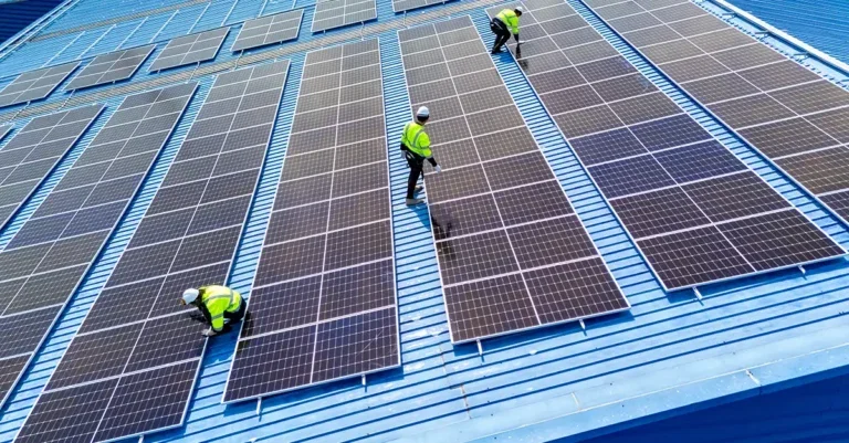 Construction workers installing rooftop solar panels on a commercial building, representing operational carbon reduction under the UK Net Zero Carbon Buildings Standard
